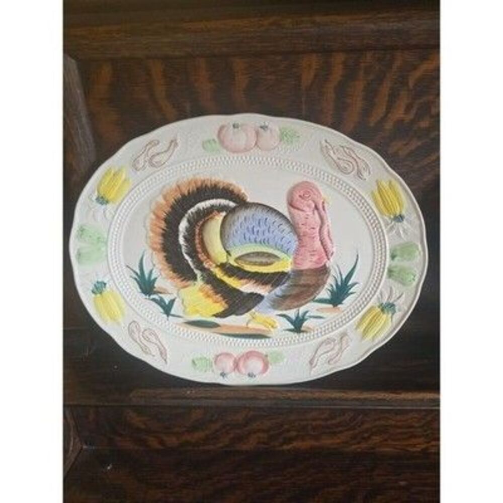 Vintage Thanksgiving Turkey Platter Large 18" Ceramic Embossed Made in Japan